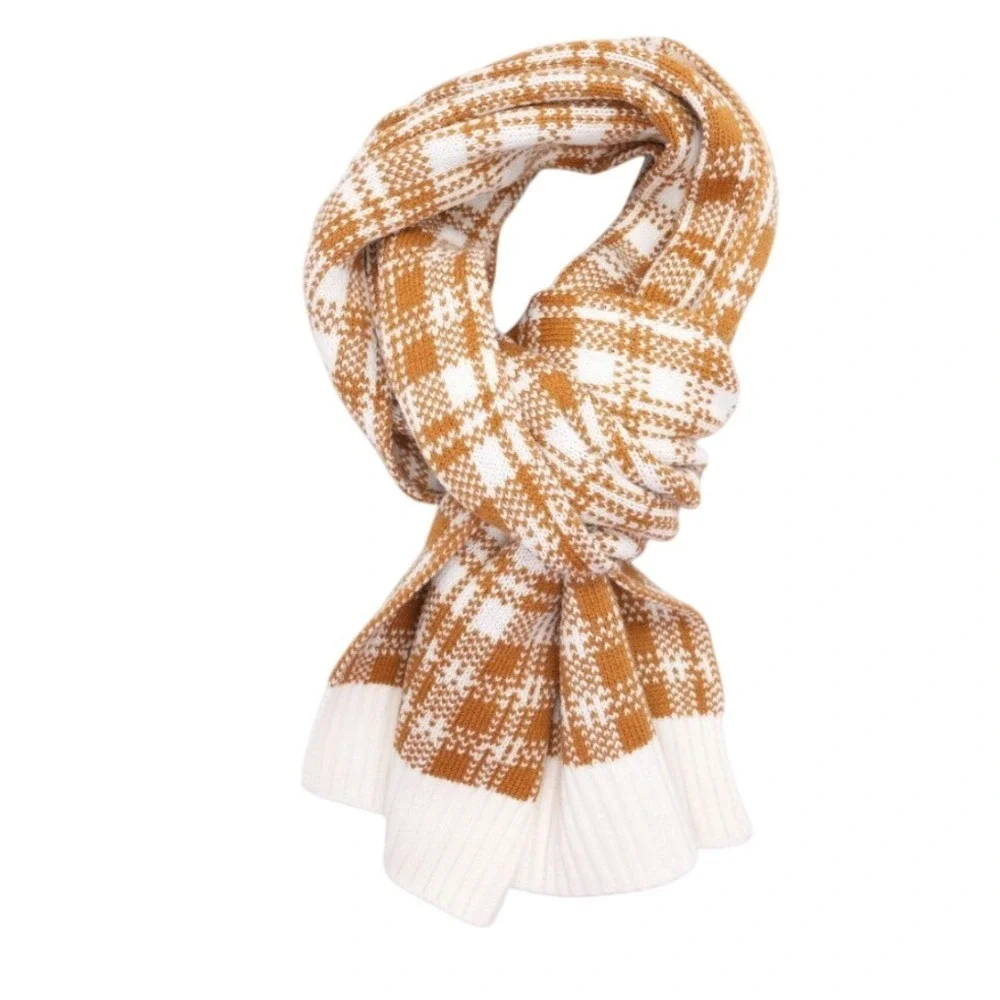 Timberland Plaid Knit Scarf Womens OS Wheat White Ribbed Logo‎ Patch NWT